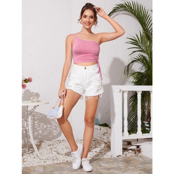 [2/22] Side drawstring one shoulder crop top - Picture 2 of 7